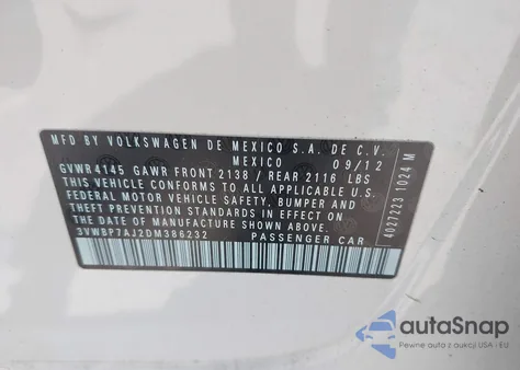 2013 Volkswagen Jetta 2.5L Se из США, поврежденный, VIN 3VWBP7AJ2DM386232